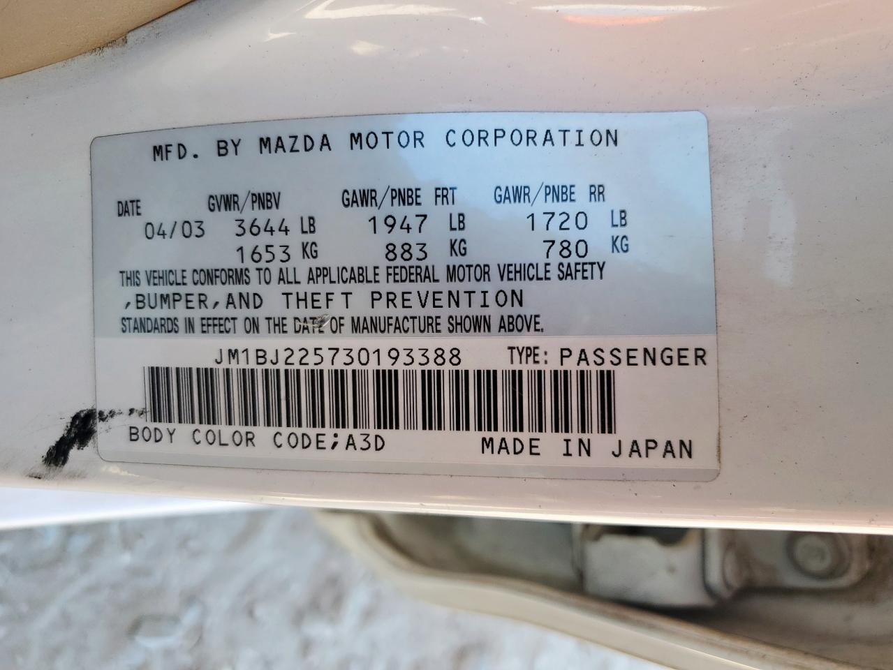 2003 Mazda Protege Dx VIN: JM1BJ225730193388 Lot: 90106055