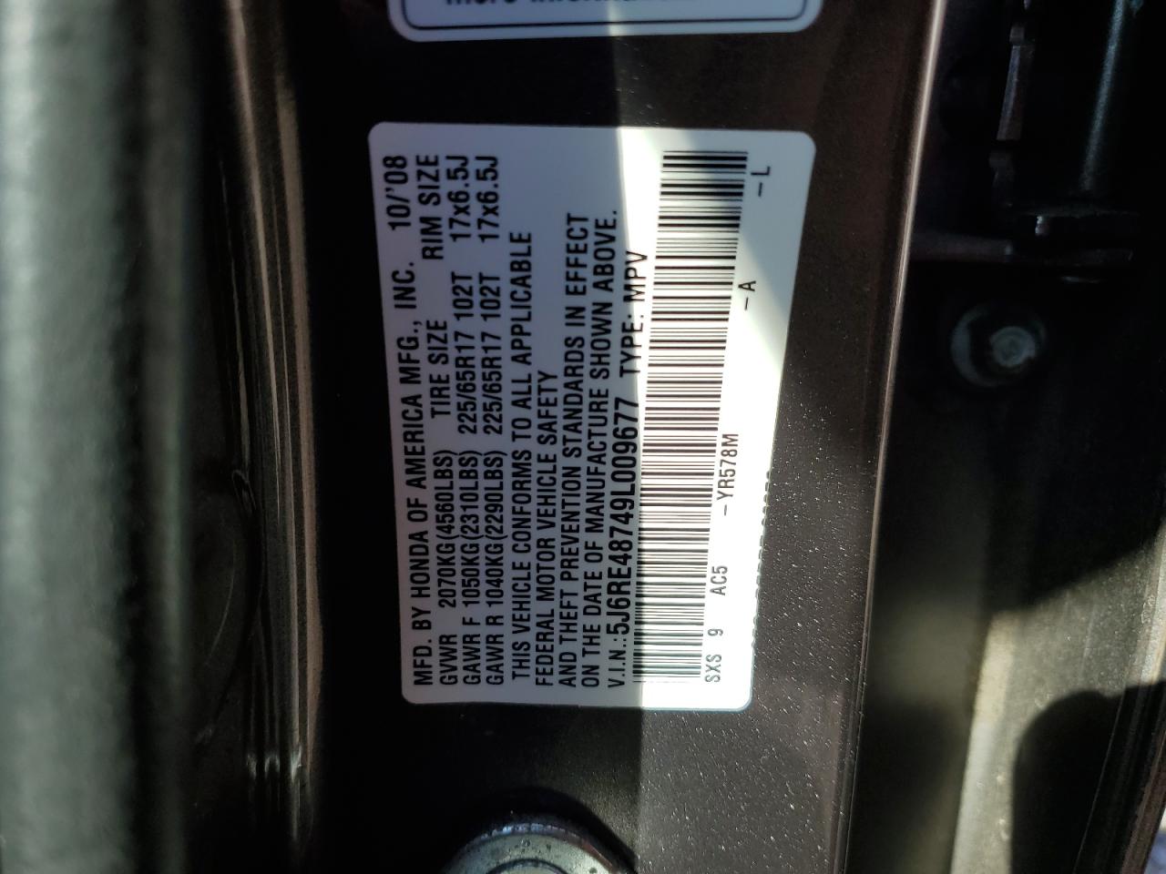 2009 Honda Cr-V Exl VIN: 5J6RE48749L009677 Lot: 89456735