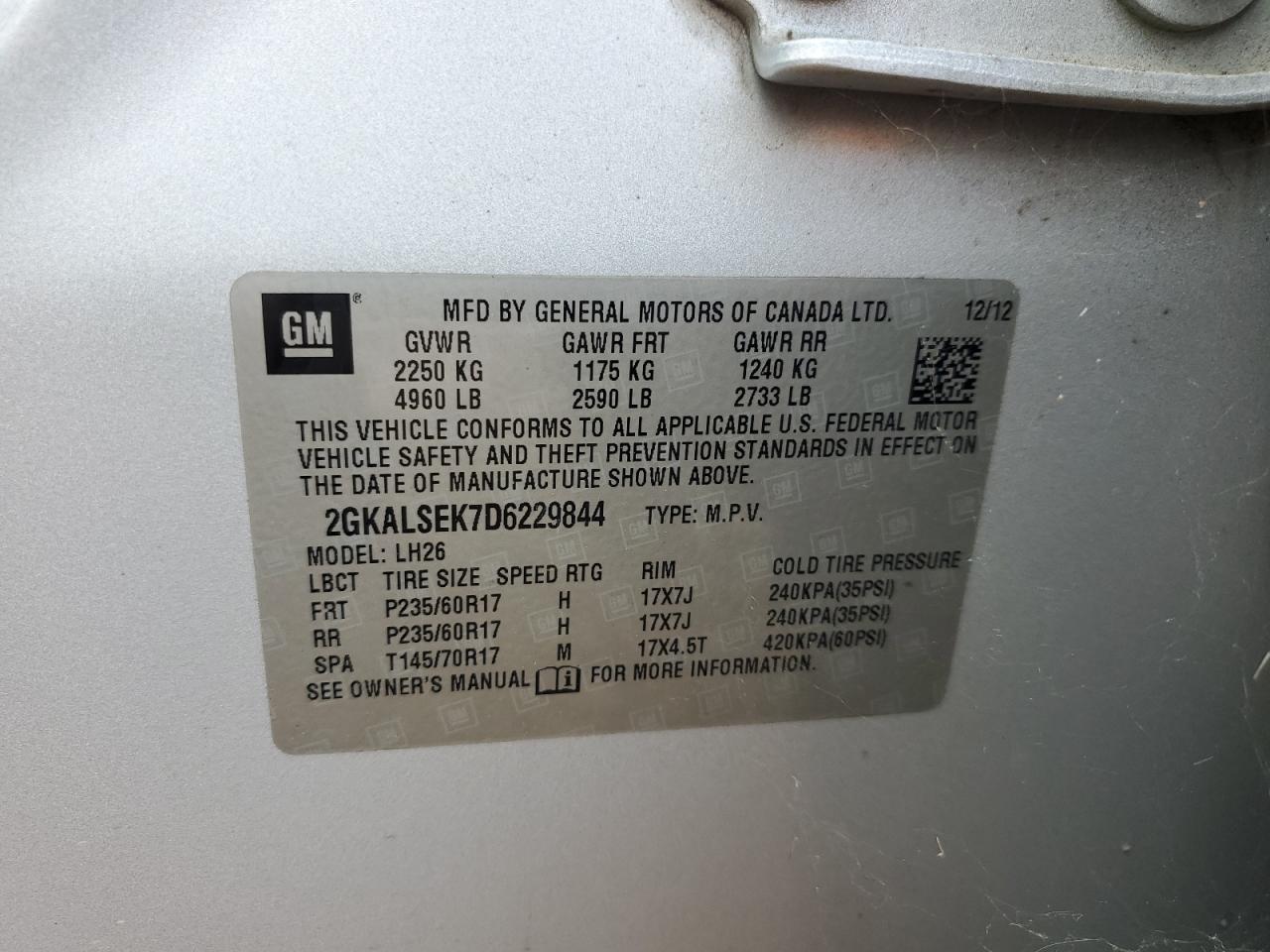 2013 GMC Terrain Sle VIN: 2GKALSEK7D6229844 Lot: 85902835