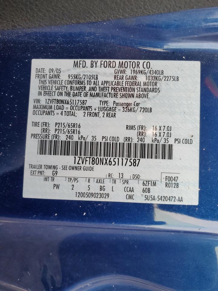 2006 Ford Mustang VIN: 1ZVFT80NX65117587 Lot: 89625285