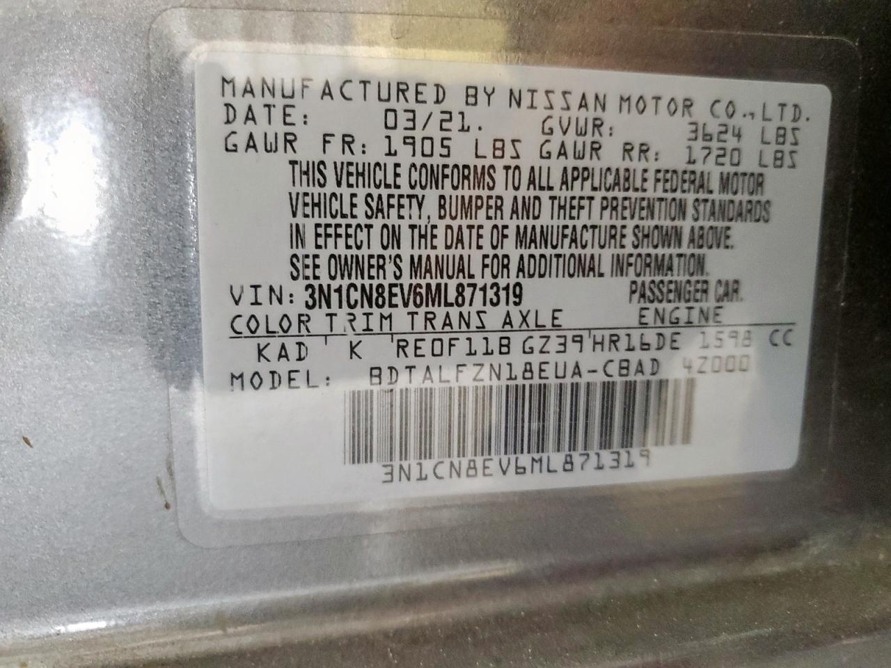 2021 Nissan Versa Sv VIN: 3N1CN8EV6ML871319 Lot: 85584635