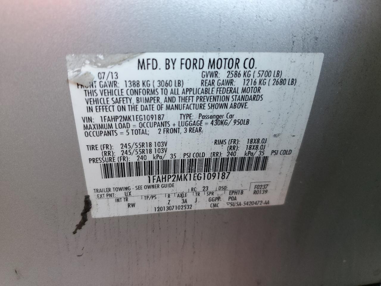 2014 Ford Taurus Police Interceptor VIN: 1FAHP2MK1EG109187 Lot: 85566045