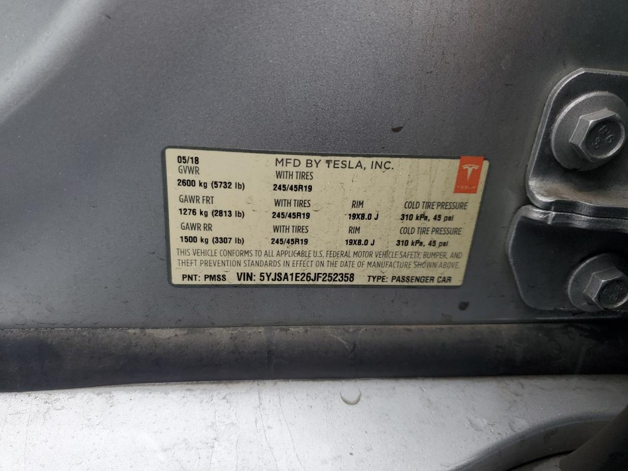 2018 Tesla Model S VIN: 5YJSA1E26JF252358 Lot: 84893635