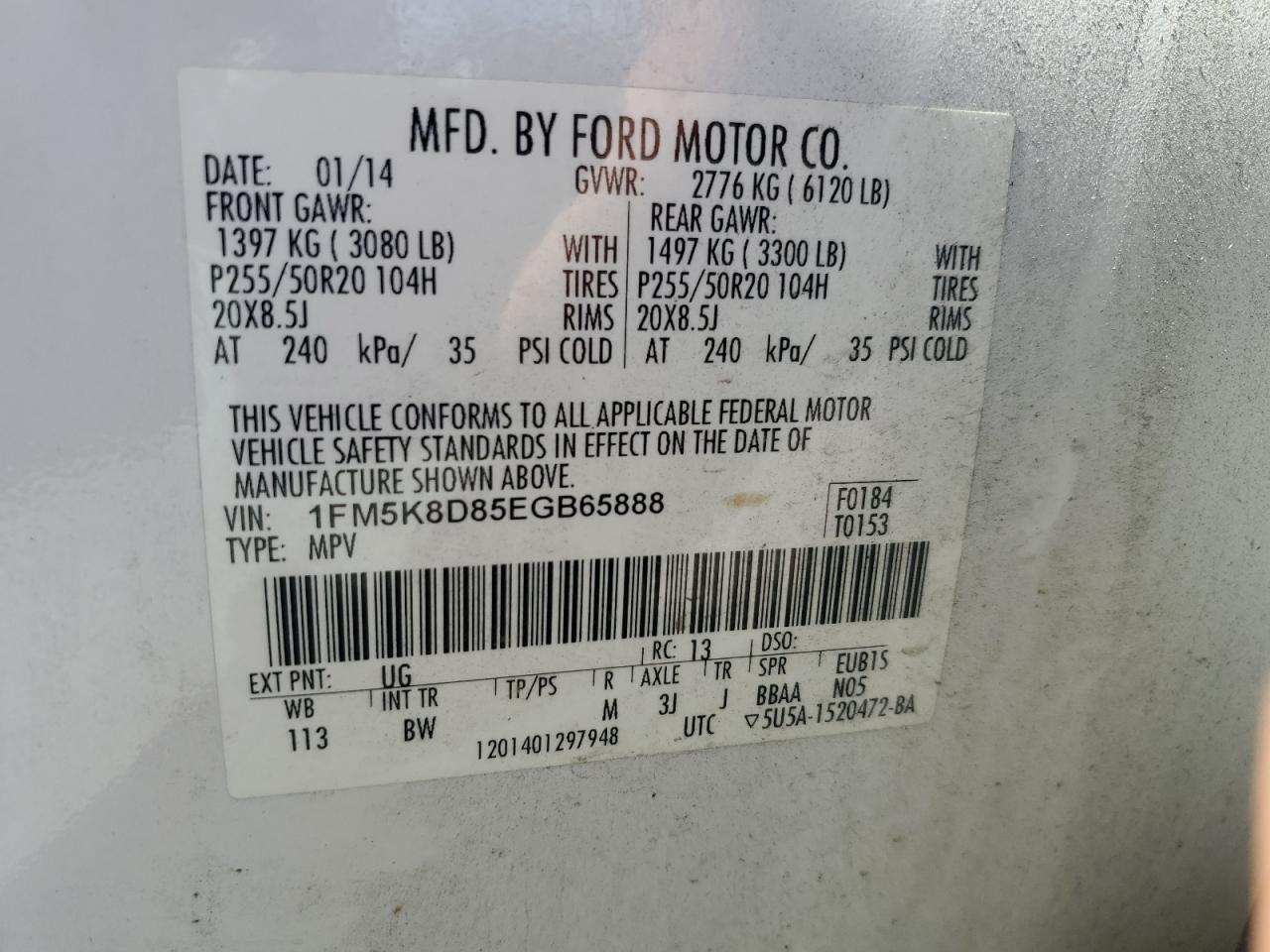 2014 Ford Explorer Xlt VIN: 1FM5K8D85EGB65888 Lot: 85680895