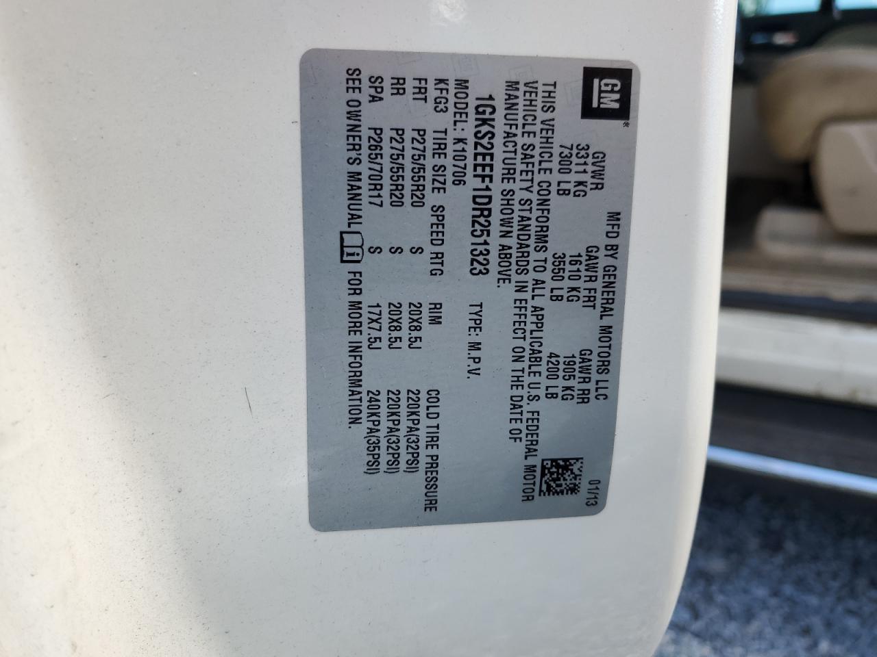 2013 GMC Yukon Denali VIN: 1GKS2EEF1DR251323 Lot: 86847185