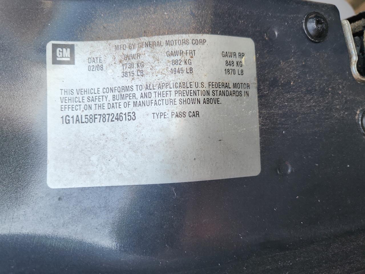 2008 Chevrolet Cobalt Lt VIN: 1G1AL58F787246153 Lot: 85351995