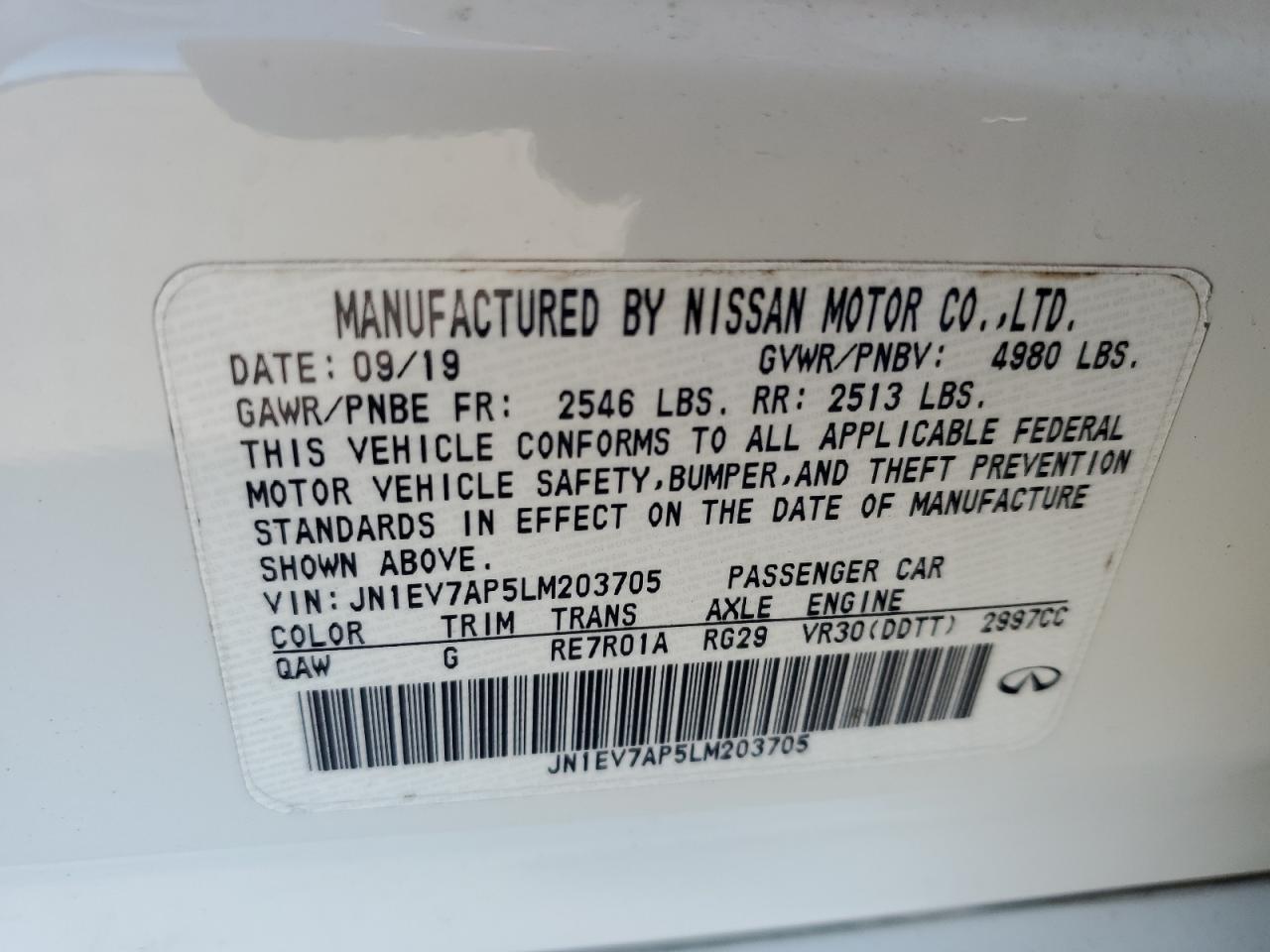 2020 Infiniti Q50 Pure VIN: JN1EV7AP5LM203705 Lot: 86622115