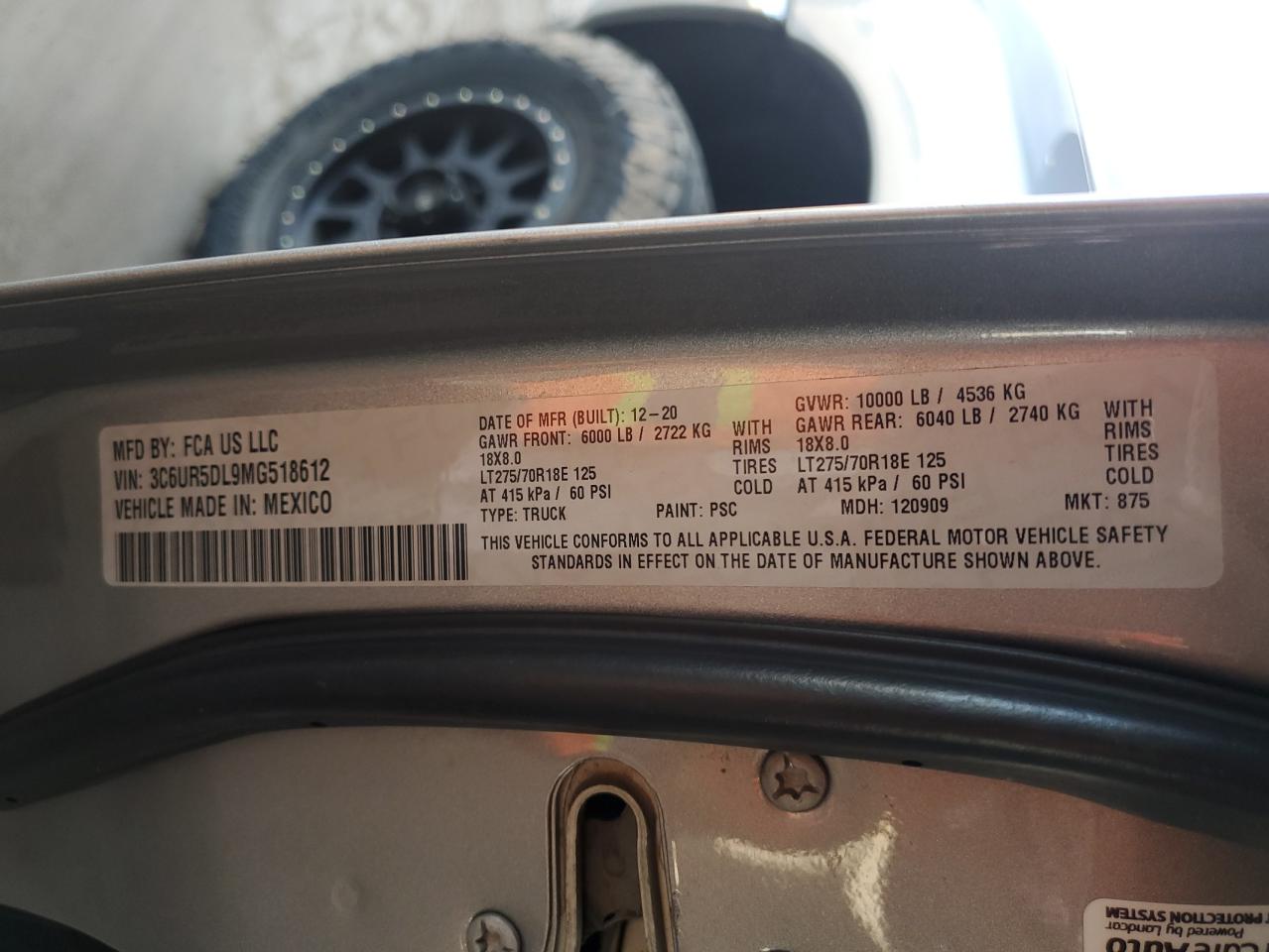 2021 Ram 2500 Big Horn VIN: 3C6UR5DL9MG518612 Lot: 90382255