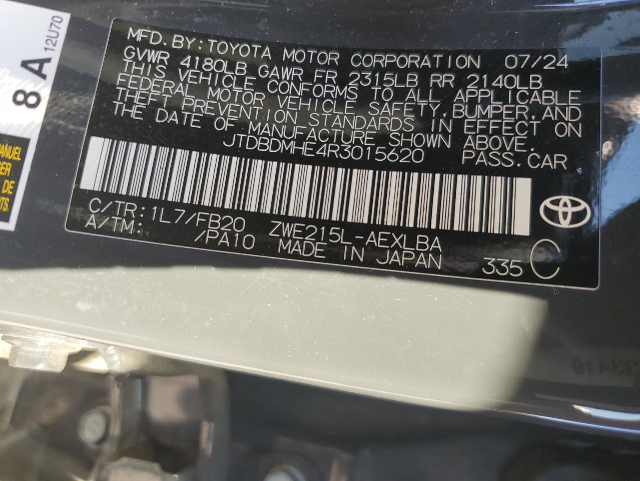 2024 Toyota Corolla Le VIN: JTDBDMHE4R3015620 Lot: 84615905