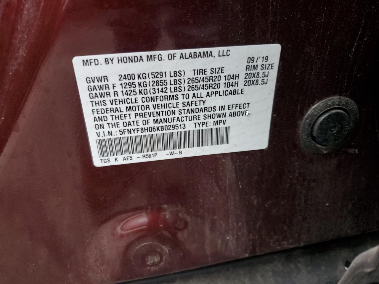 2019 Honda Passport Elite VIN: 5FNYF8H06KB029513 Lot: 94544415