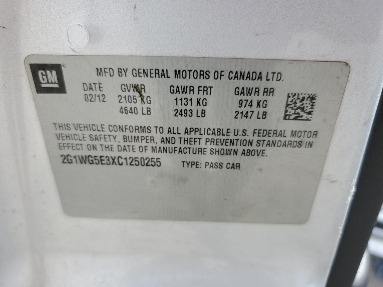 2012 Chevrolet Impala Lt VIN: 2G1WG5E3XC1250255 Lot: 82108415