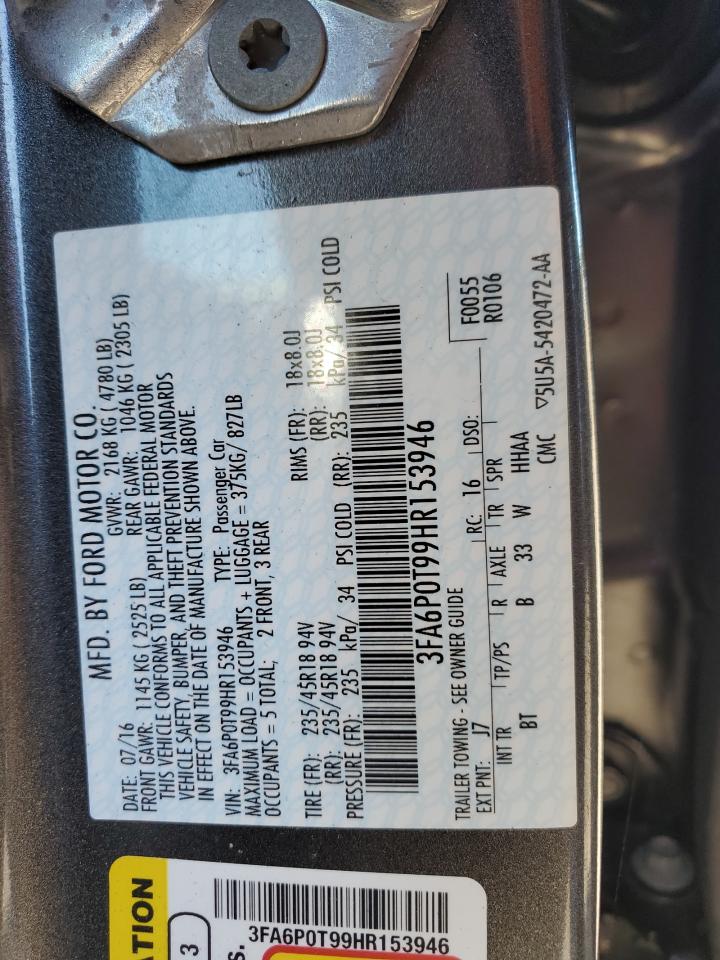 2017 Ford Fusion Se VIN: 3FA6P0T99HR153946 Lot: 85765135