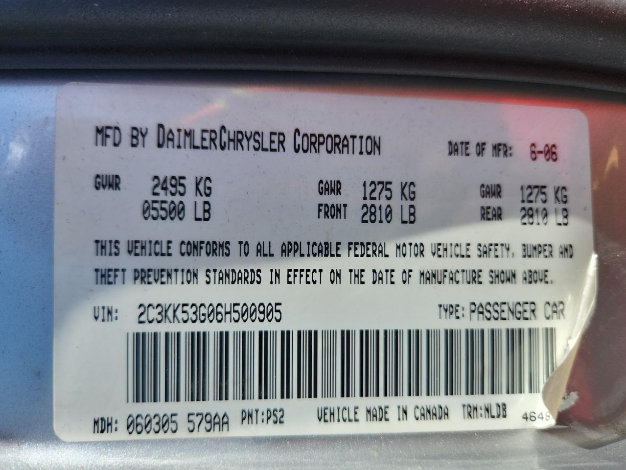 2006 Chrysler 300 Touring VIN: 2C3KK53G06H500905 Lot: 84818185