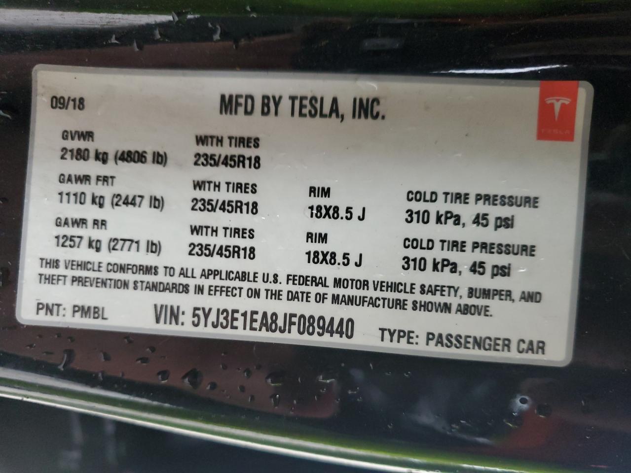 2018 Tesla Model 3 VIN: 5YJ3E1EA8JF089440 Lot: 84900205