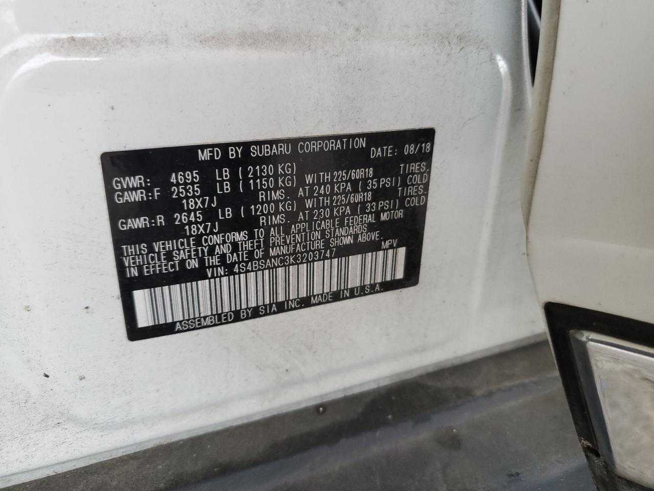 2019 Subaru Outback 2.5I Limited VIN: 4S4BSANC3K3203747 Lot: 85580075