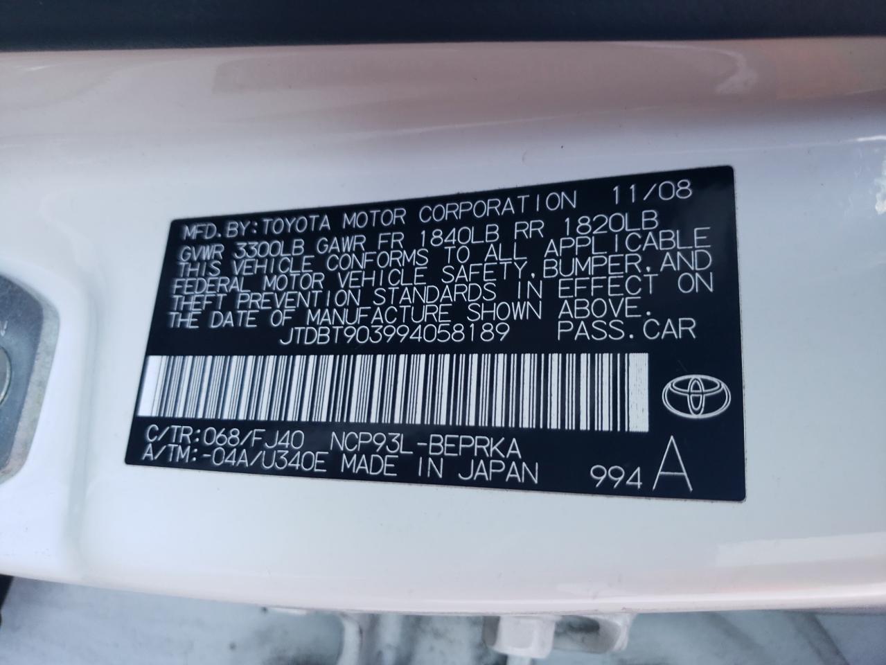 2009 Toyota Yaris VIN: JTDBT903994058189 Lot: 89626445