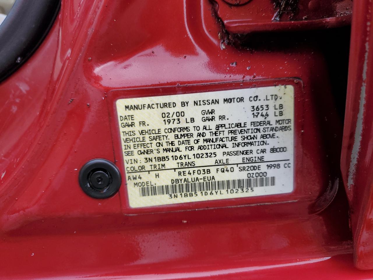 2000 Nissan Sentra Se VIN: 3N1BB51D6YL102325 Lot: 85154605