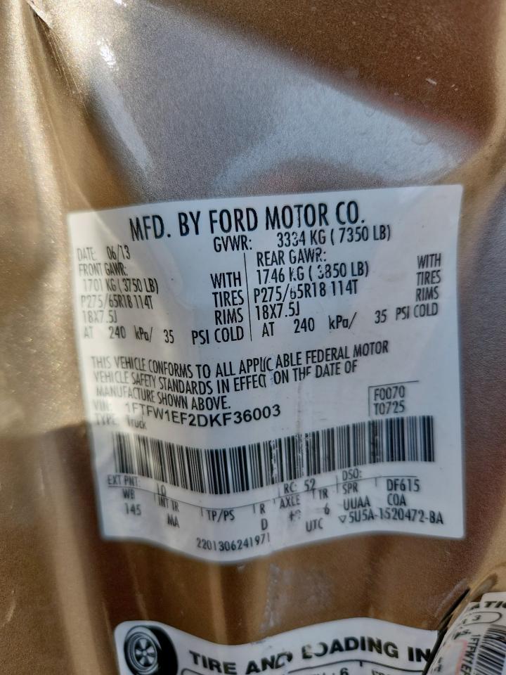 2013 Ford F150 Supercrew VIN: 1FTFW1EF2DKF36003 Lot: 85185725