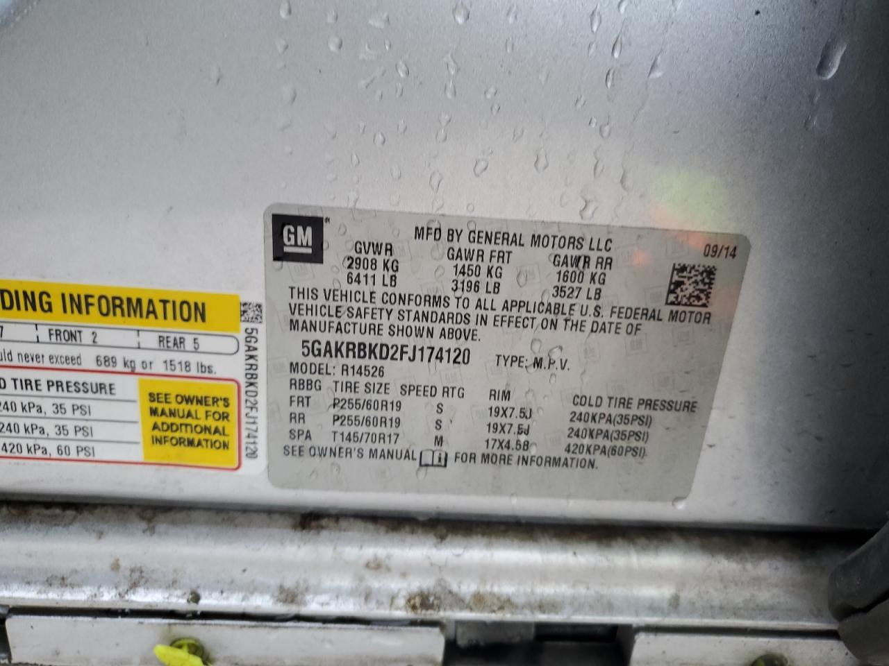 2015 Buick Enclave VIN: 5GAKRBKD2FJ174120 Lot: 90268275