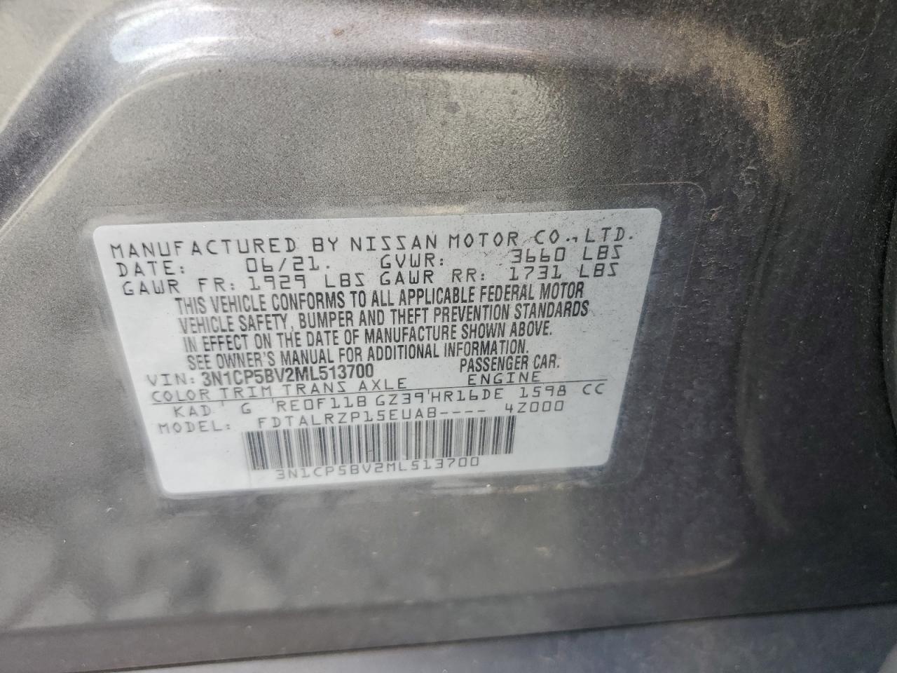 2021 Nissan Kicks S VIN: 3N1CP5BV2ML513700 Lot: 81978425