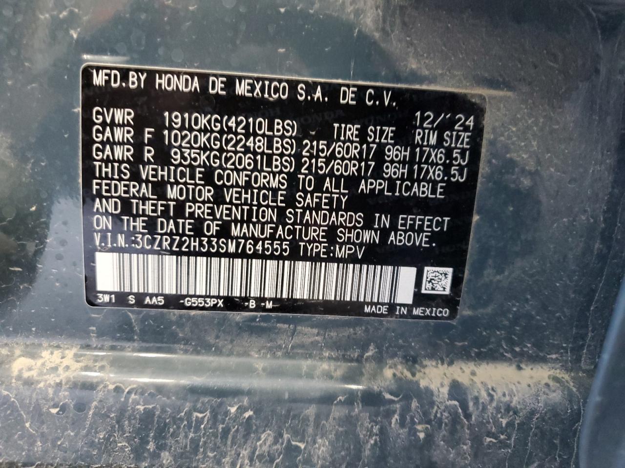 2025 Honda Hr-V Lx VIN: 3CZRZ2H33SM764555 Lot: 84465005