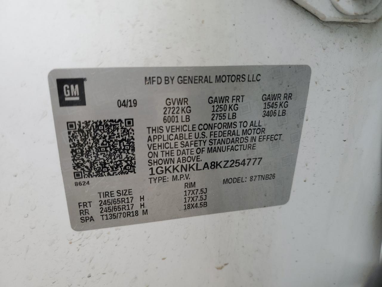 2019 GMC Acadia Sle VIN: 1GKKNKLA8KZ254777 Lot: 82252315