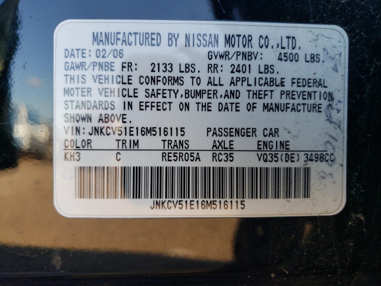 2006 Infiniti G35 VIN: JNKCV51E16M516115 Lot: 85360715