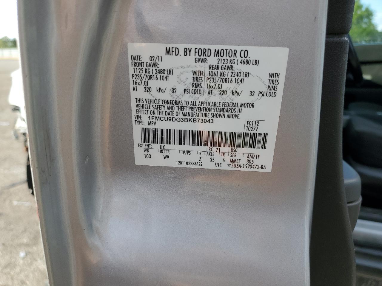 2011 Ford Escape Xlt VIN: 1FMCU9DG3BKB73043 Lot: 82178805