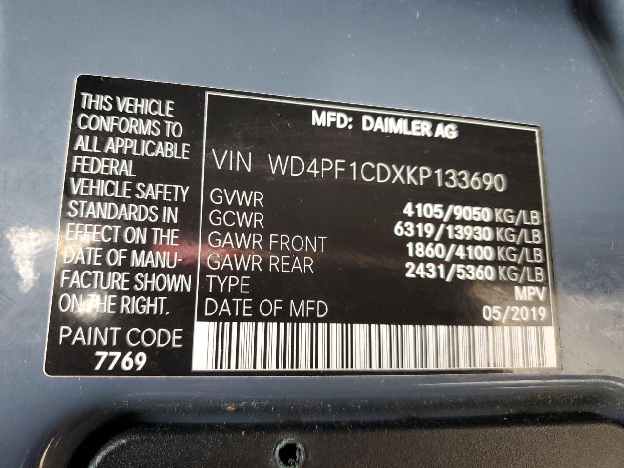 2019 Mercedes Benz Sprinter Delivery Van VIN: WD4PF1CDXKP133690 Lot: 89668025