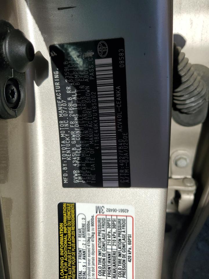 2007 Toyota Camry Ce VIN: 4T1BE46K47U185002 Lot: 84804195