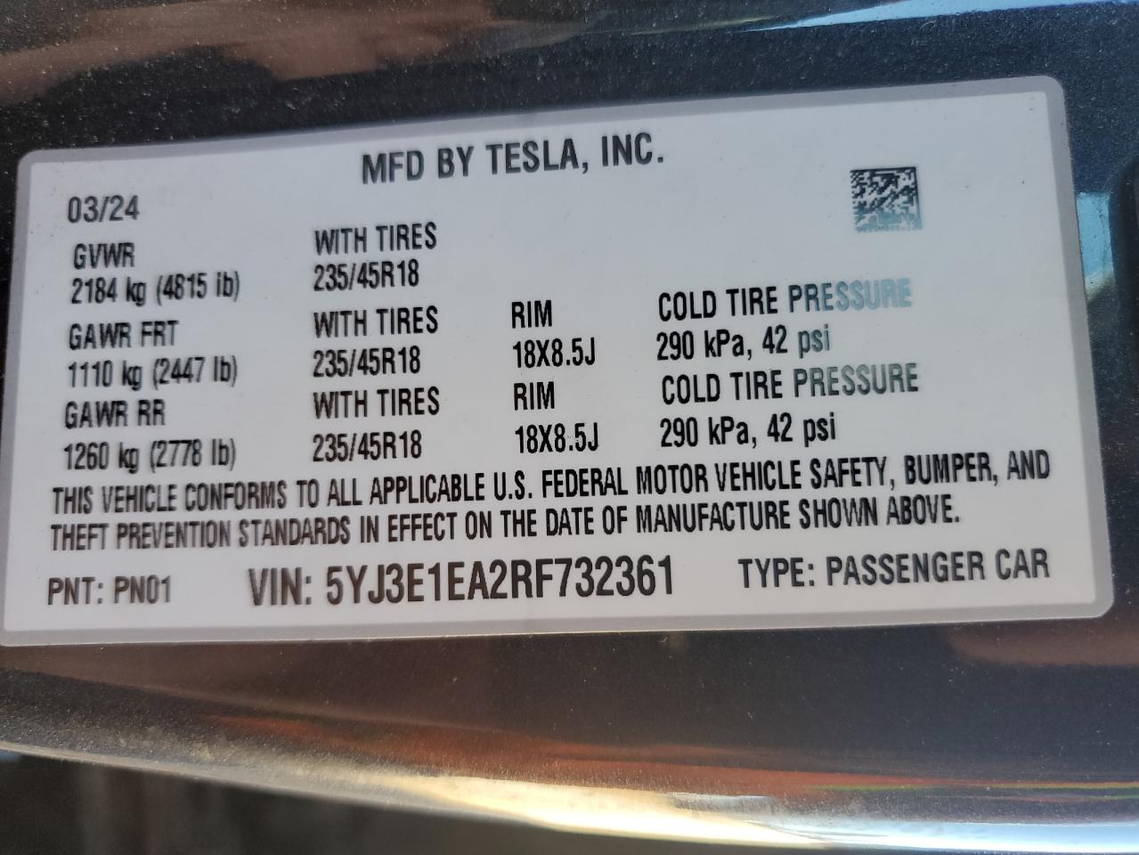 2024 Tesla Model 3 VIN: 5YJ3E1EA2RF732361 Lot: 82626045