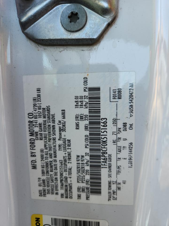 2019 Ford Mustang Gt VIN: 1FA6P8CF0K5151663 Lot: 89555335