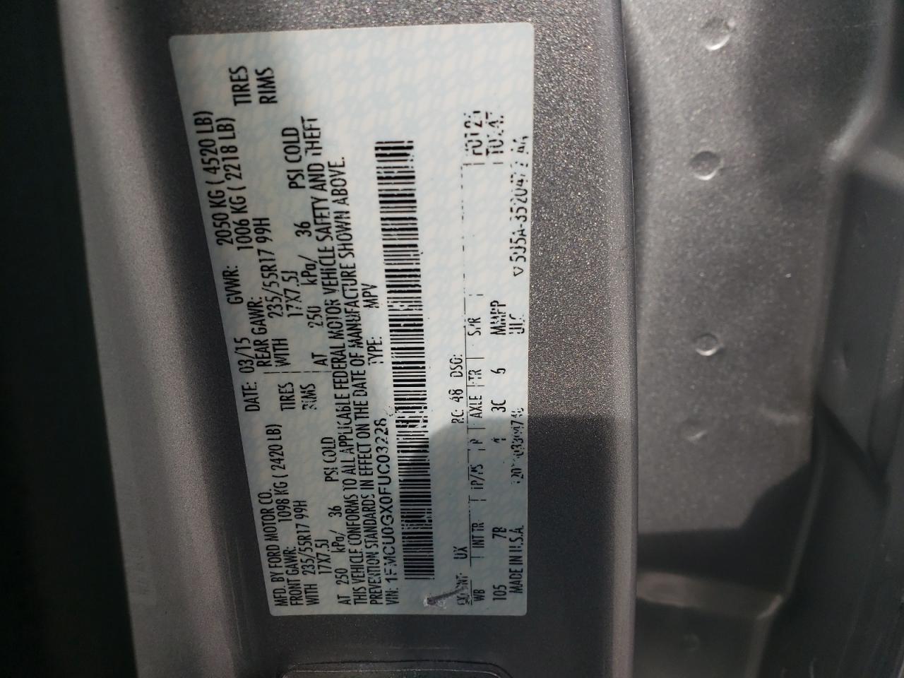 2015 Ford Escape Se VIN: 1FMCU0GX0FUC03228 Lot: 85650455