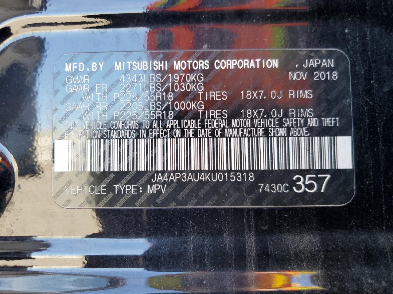 2019 Mitsubishi Outlander Sport Es VIN: JA4AP3AU4KU015318 Lot: 85359435