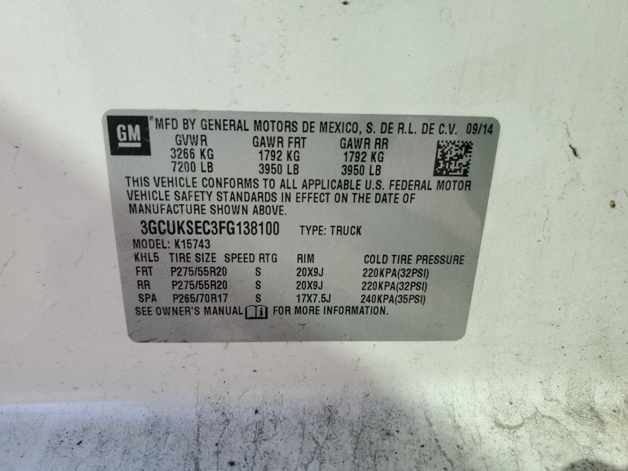 2015 Chevrolet Silverado K1500 Ltz VIN: 3GCUKSEC3FG138100 Lot: 84721615