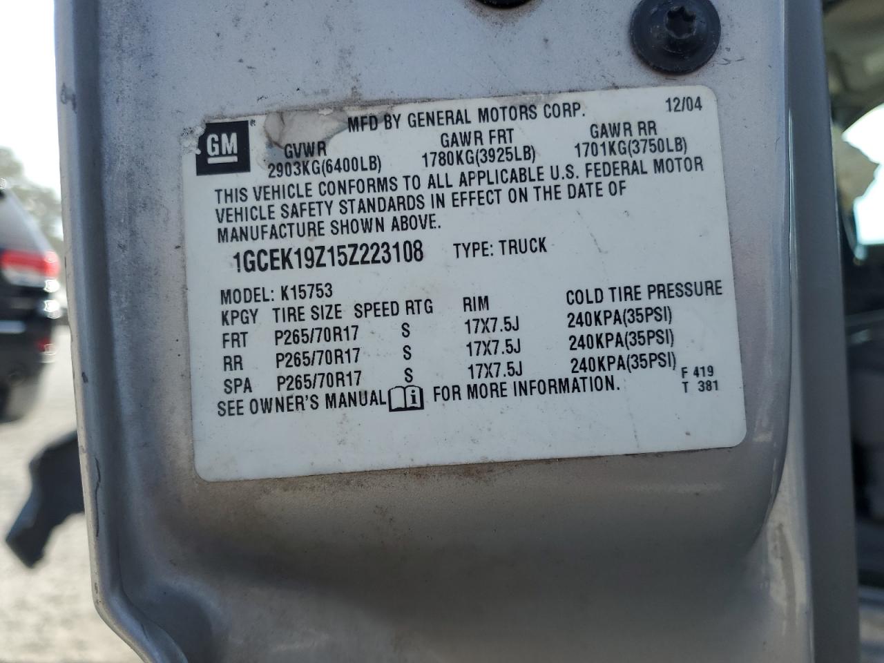 2005 Chevrolet Silverado K1500 VIN: 1GCEK19Z15Z223108 Lot: 81910025