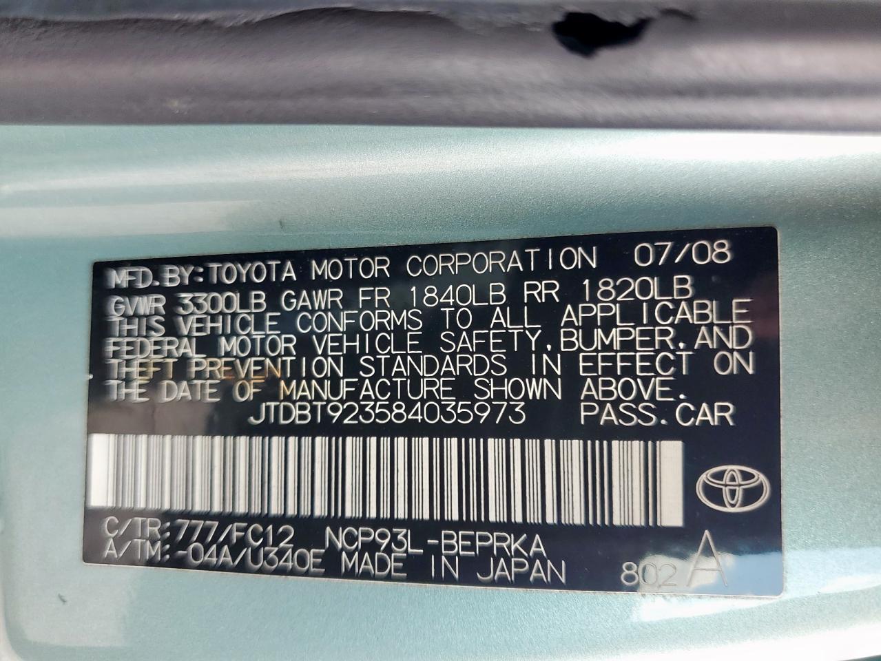 2008 Toyota Yaris VIN: JTDBT923584035973 Lot: 85282645