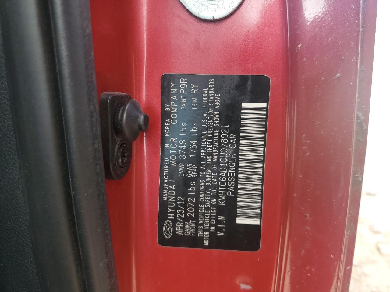 2012 Hyundai Veloster VIN: KMHTC6AD1CU078921 Lot: 86301475