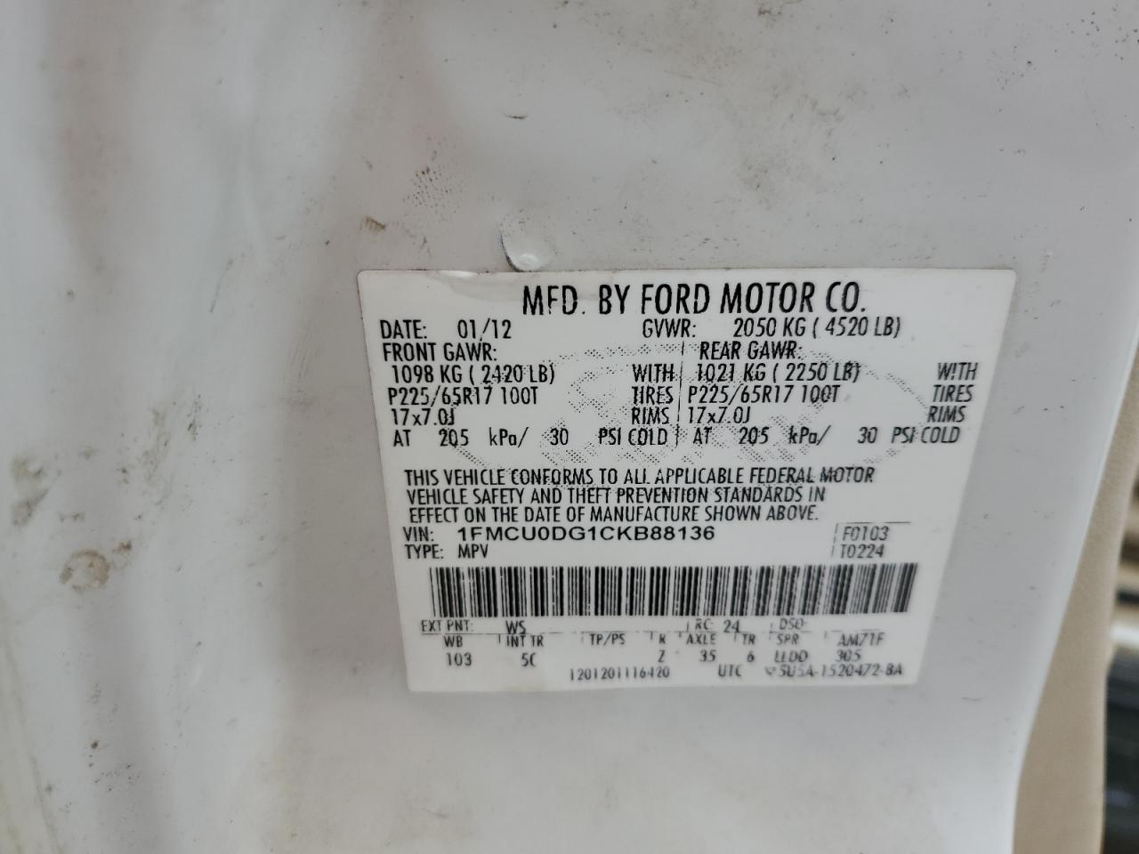 2012 Ford Escape Xlt VIN: 1FMCU0DG1CKB88136 Lot: 85332025