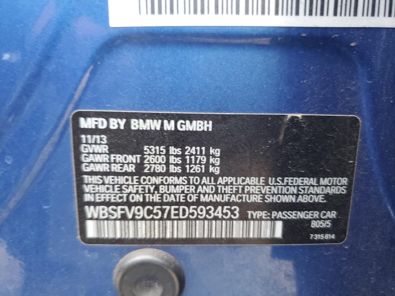 2014 BMW M5 VIN: WBSFV9C57ED593453 Lot: 87446775