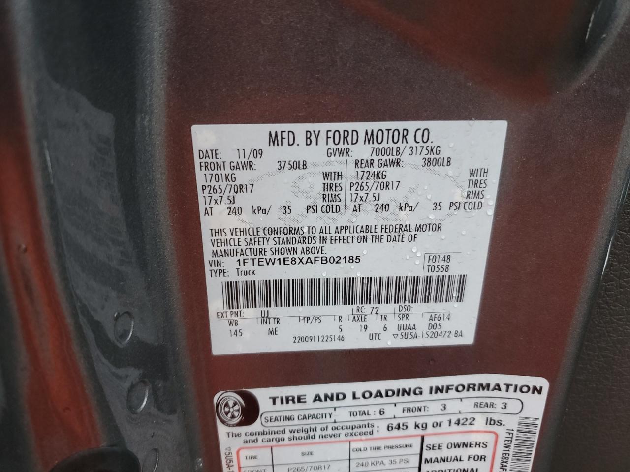 2010 Ford F150 Supercrew VIN: 1FTEW1E8XAFB02185 Lot: 82757705