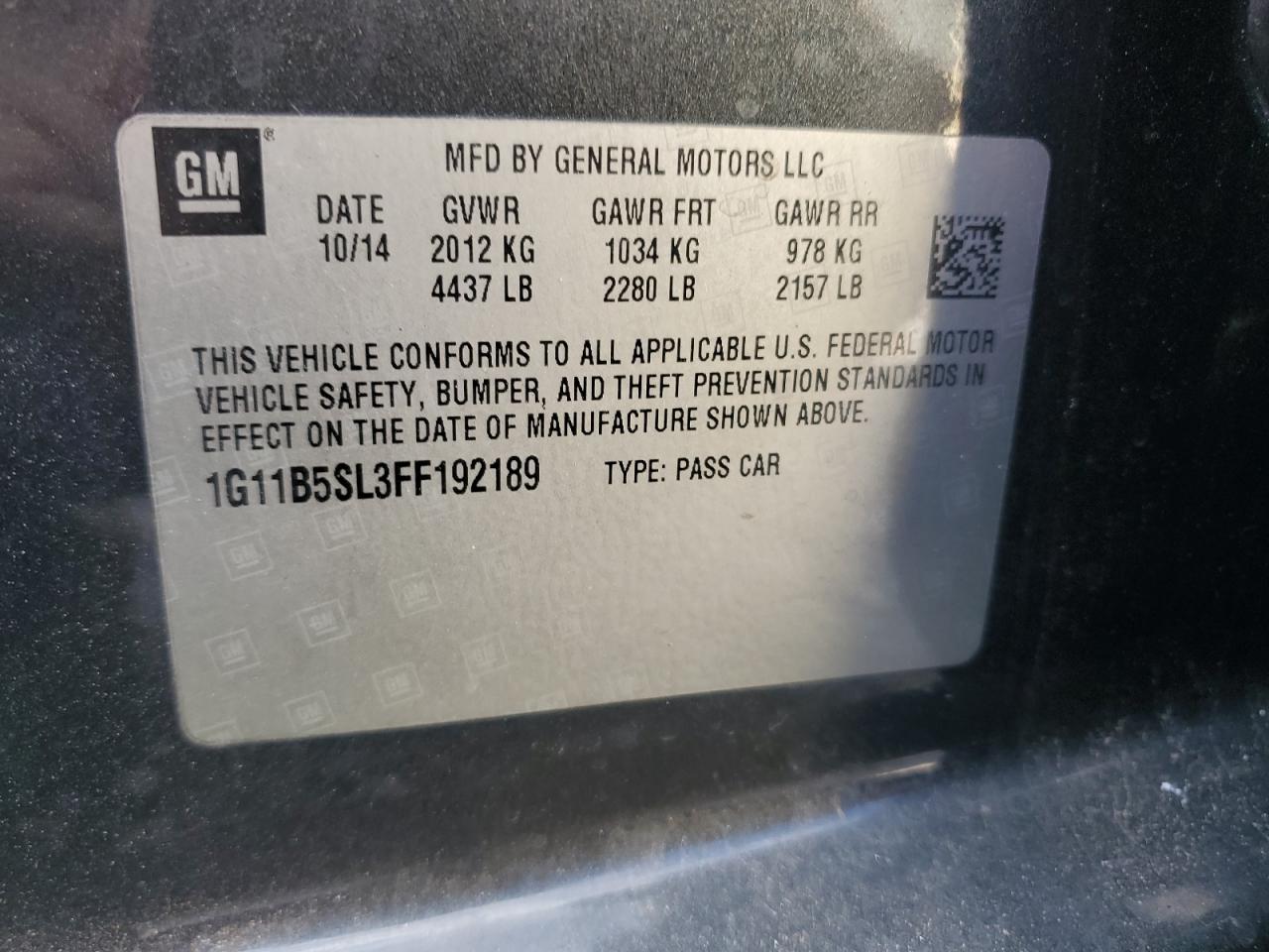 2015 Chevrolet Malibu Ls VIN: 1G11B5SL3FF192189 Lot: 85868625