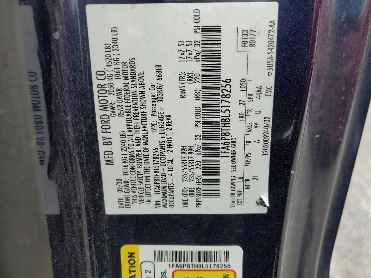 2020 Ford Mustang VIN: 1FA6P8TH8L5178256 Lot: 82282635