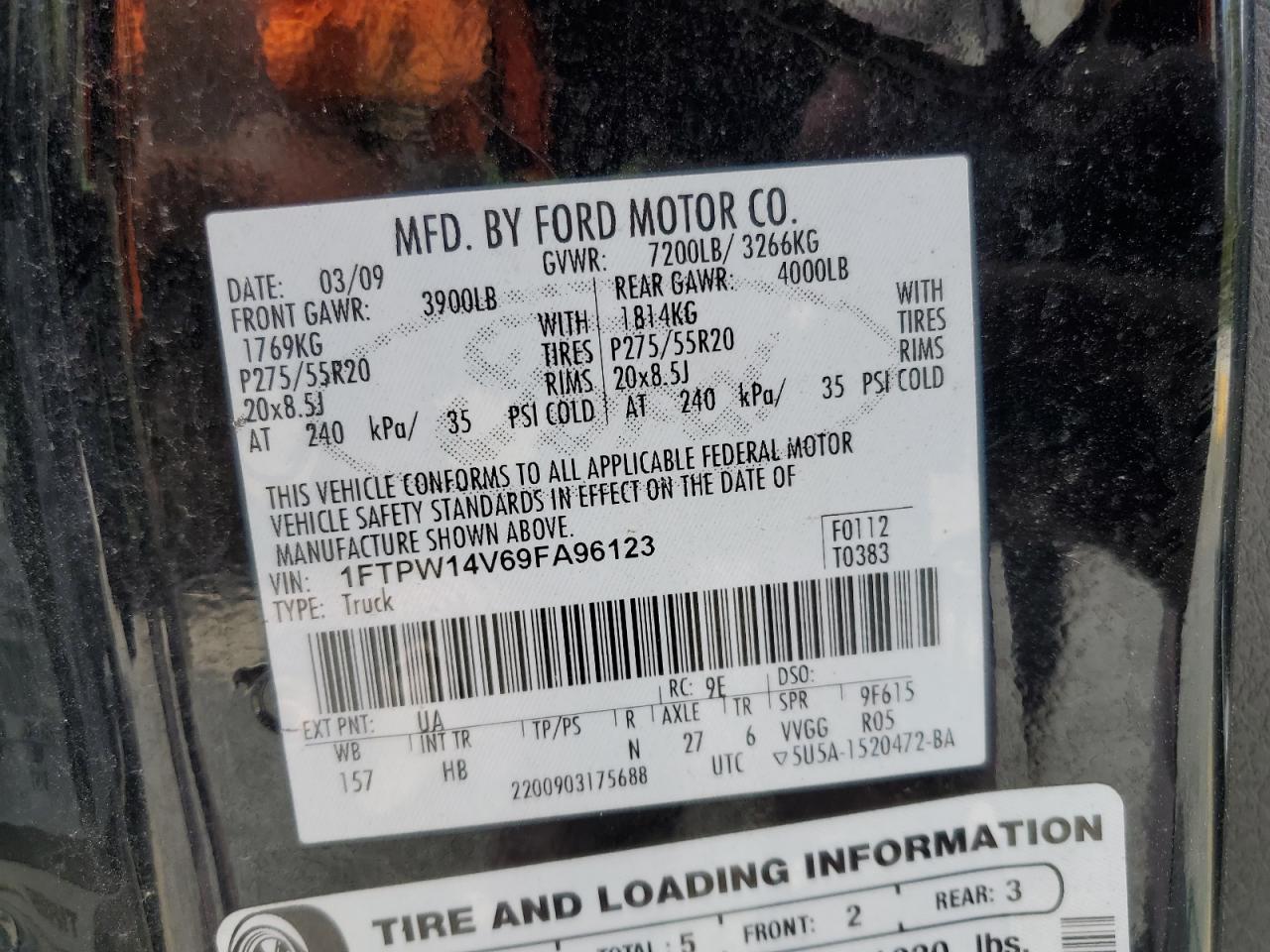 2009 Ford F150 Supercrew VIN: 1FTPW14V69FA96123 Lot: 85822185