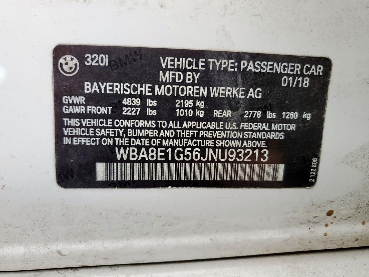 2018 BMW 320 I VIN: WBA8E1G56JNU93213 Lot: 85724055