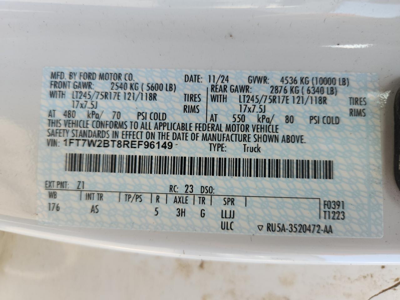 2024 Ford F250 Super Duty VIN: 1FT7W2BT8REF96149 Lot: 87262675