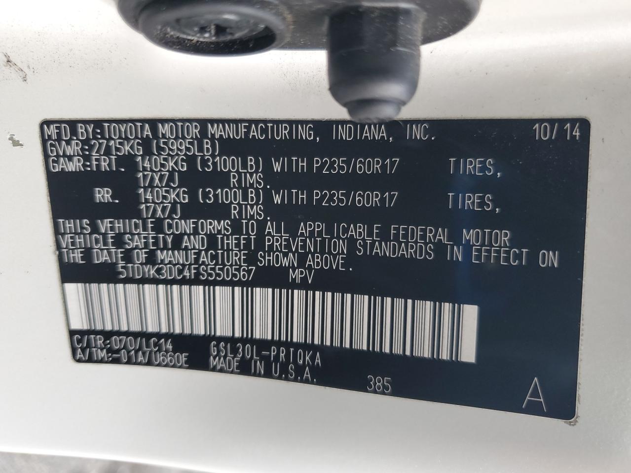 2015 Toyota Sienna Xle VIN: 5TDYK3DC4FS550567 Lot: 84580525