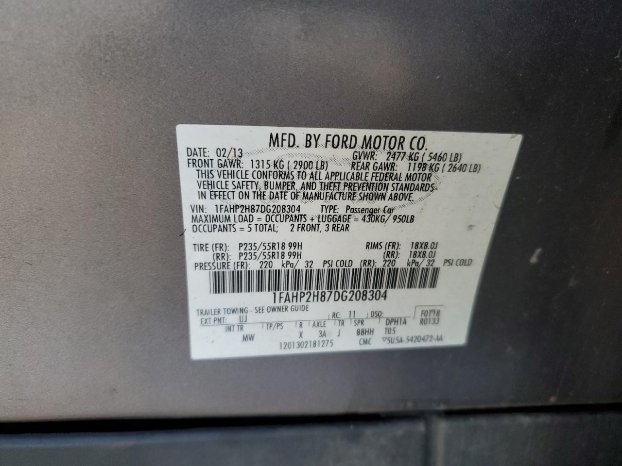 2013 Ford Taurus Sel VIN: 1FAHP2H87DG208304 Lot: 91040735