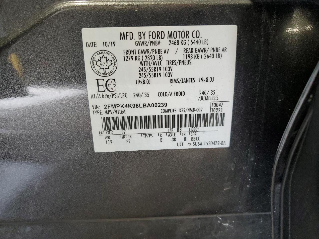 2020 Ford Edge Titanium VIN: 2FMPK4K98LBA00239 Lot: 85832495