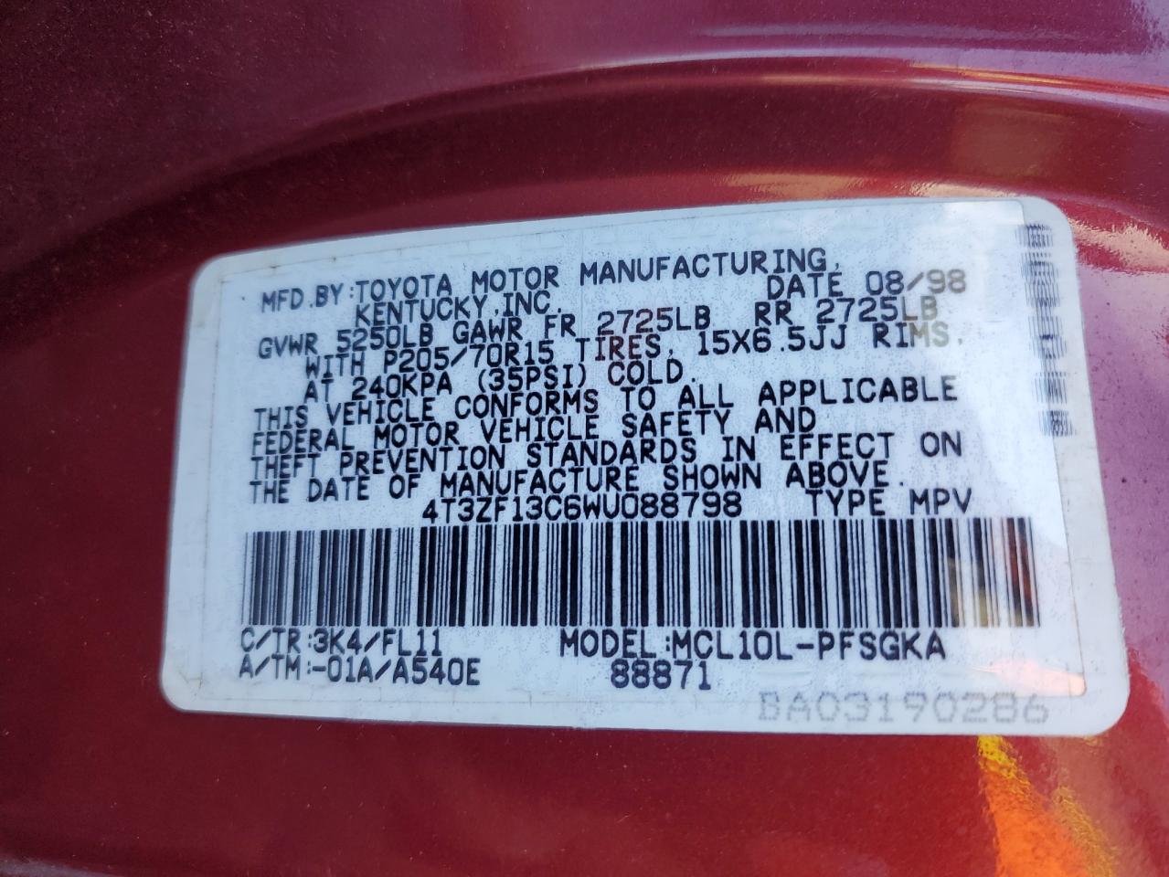 1998 Toyota Sienna Le VIN: 4T3ZF13C6WU088798 Lot: 87411235